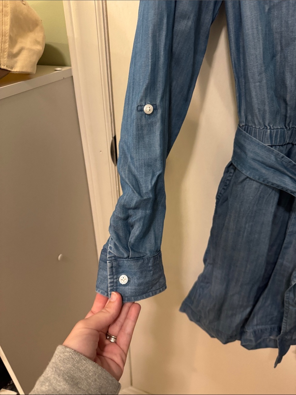 NWT crown & ivy Denim-Look Long Sleeve Shirt Romper in Blue - Picture 6 of 7